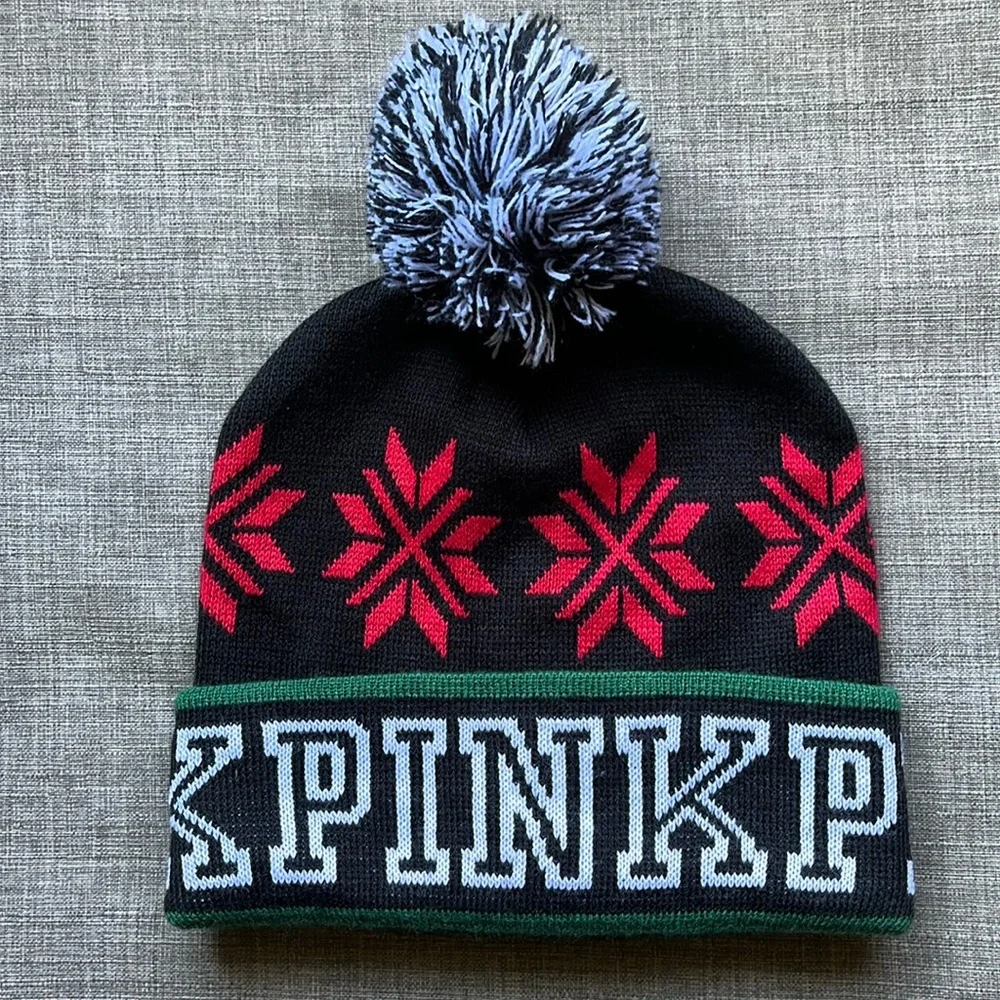 Victoria's Secret PINK Winter Hat Black Knit Pom-Pon
